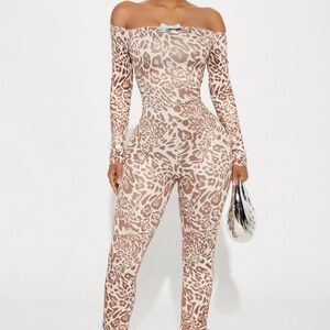 Tan and Cream Off-Shoulder Jumpsuit with Animal Print